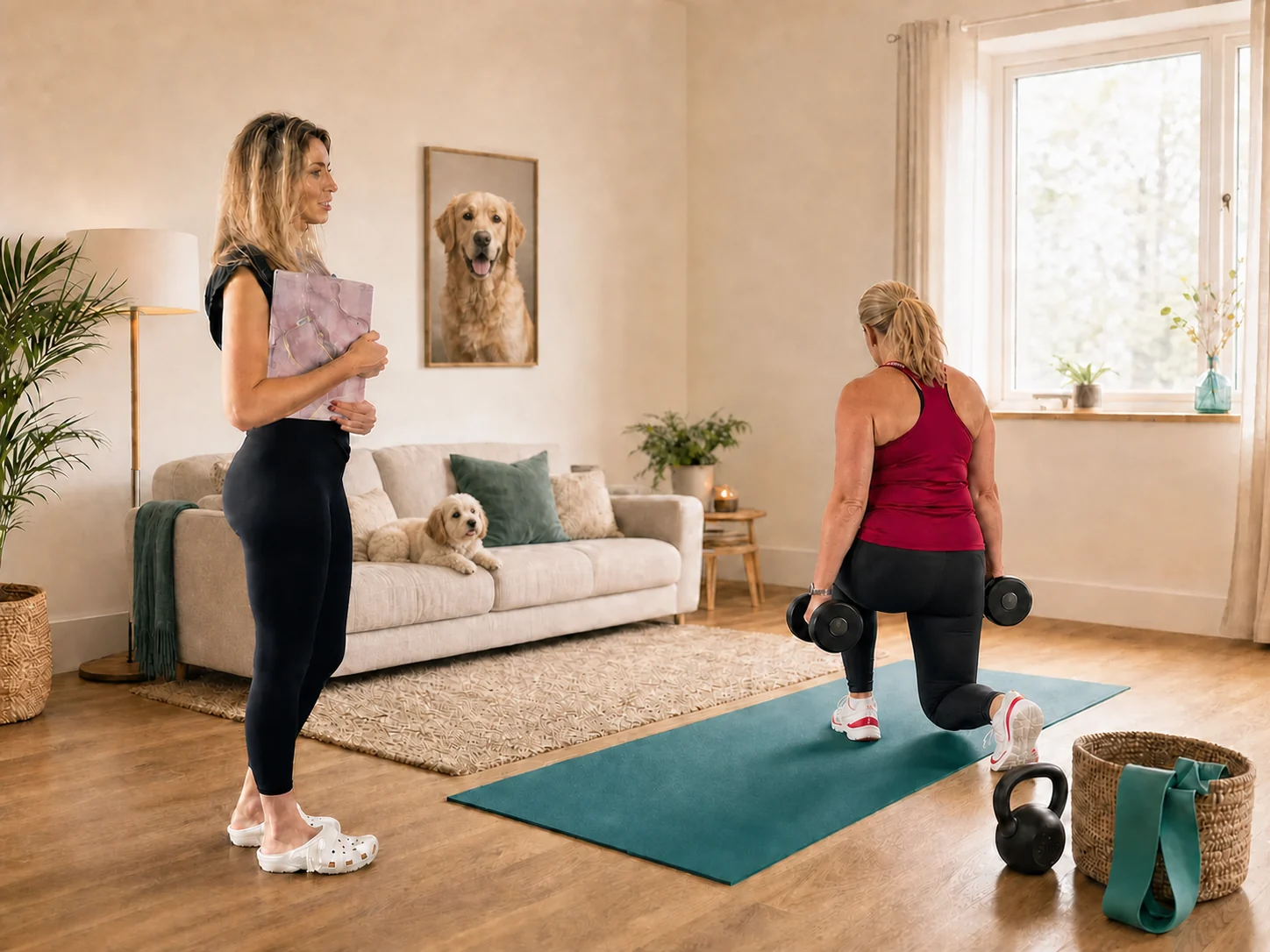 Agnes coaching a private personal training session at home while a small dog watches from the sofa